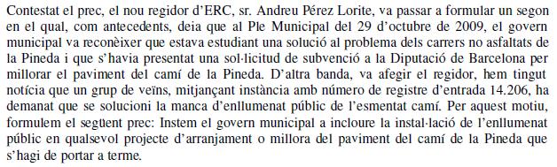 Prec d'ERC al ple de l'Ajuntament de Gav&agrave; sol&middot;licitant la inclusi� d'un projecte d'enllumenat dins de la millora del Cam� de la Pineda i voltants (28 de Gener de 2010)